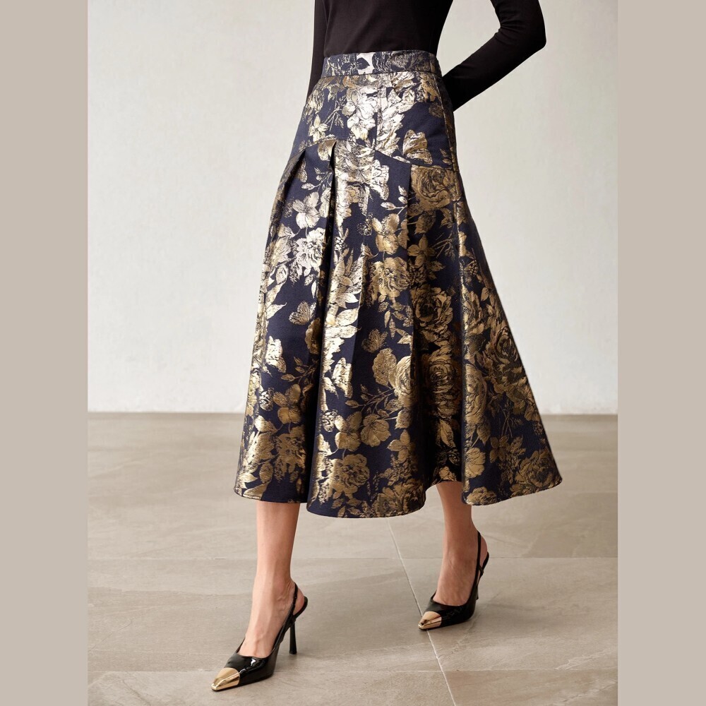 Navy Gold Metallic Floral Jacquard Pleated A-Line Midi Skirt